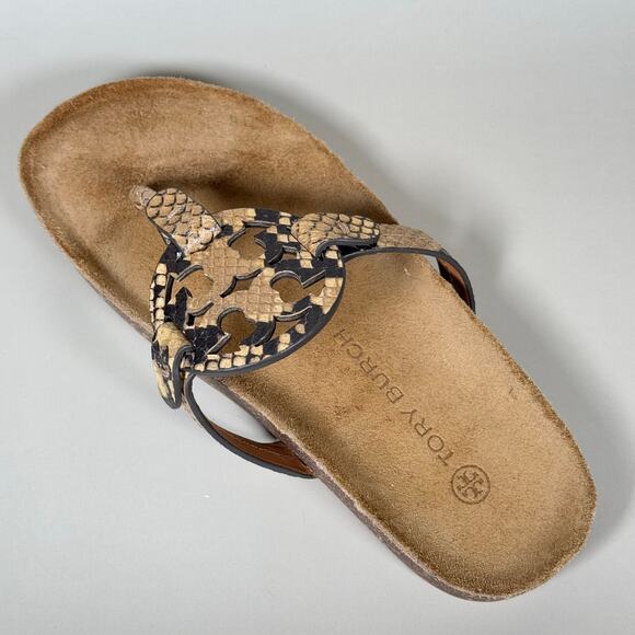 Tory Burch Miller Sandals | Snakeskin Print Thong Sandals | Iconic Logo Sandals - Picture 6 of 9